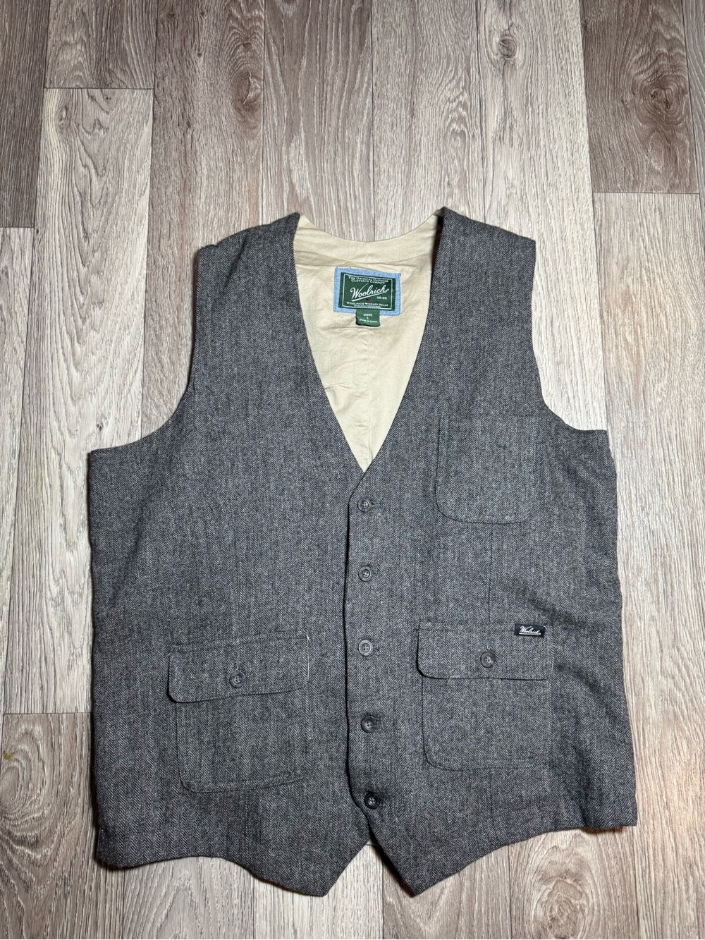 Woolrich Wool Blend Vest Size L Men's Herringbone Gray Button Up
